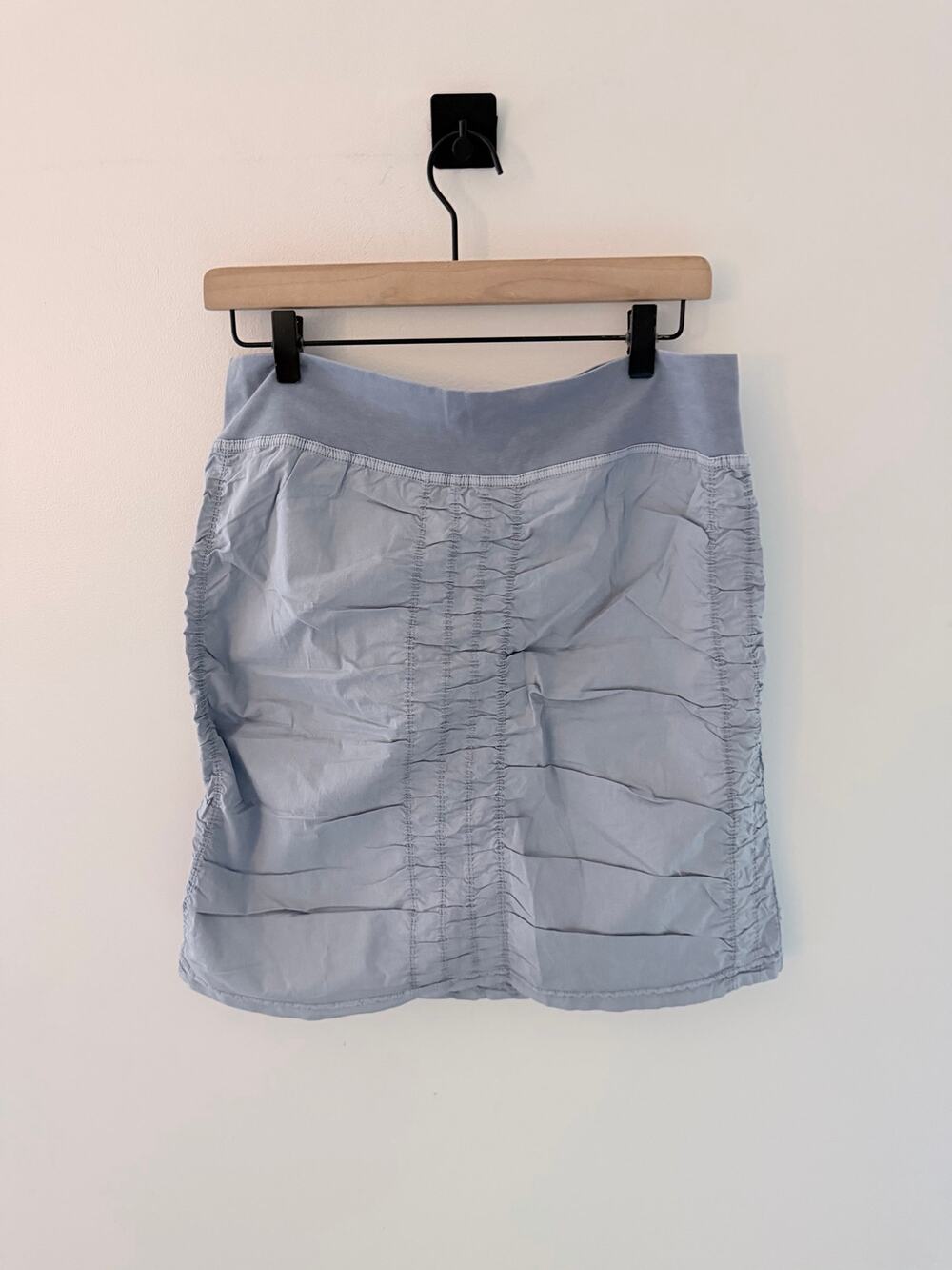 NWT Xcvi Wearables Josette High-Waist Ruched Cotton Gray/Blue Mini Skirt-Size L